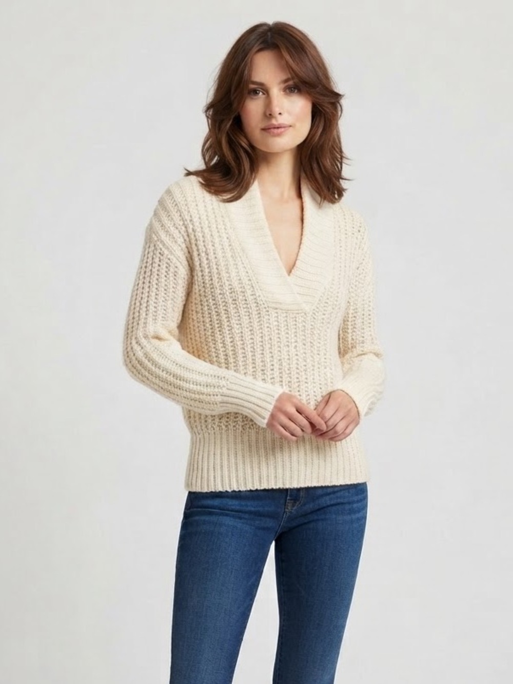 Anthropologie Pilcro Chunky Cream Wool-Blend Shawl-Neck Sweater Size Small